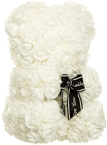 Brandsseller Rosenbär aus Kunstrosen 25x16 cm – handgefertigter Teddybär aus Seidenblumen als Romantisches Geschenk zu Geburtstag, Valentinstag oder Muttertag – auch mit Geschenkbox – Beige