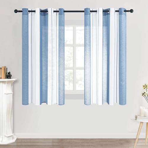 MRTREES 2 Piezas Cortinas Dormitorio Visillos Translúcidos Rayas de Habitacion Moderno 140×145cm con Ojales para Ventanas Salon Cocina Comedor Baño Azul Cielo+Blanca