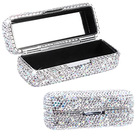 Homfanseec Rhinestone Lipstick Case with Mirror, Bling Crystal Lipstick Case Diamonds Makeup Cosmetic Storage Box Holder for Purse Ladies Fashion (Silver Color)