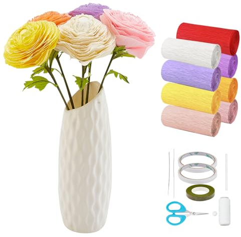 FREEBLOSS 25er Set Krepppapierblumen Ranunkel-Stil Krepppapier-Set für Anfängermit 8 Rollen Krepppapier für die Blumenherstellung Krepppapierblumen-Sets