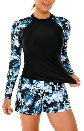 Traje de baño para Mujer, Manga Larga, diseño de Flores, Traje de baño,Traje de Surf Corto，Rashguard UPF 50+,Negro 1,L