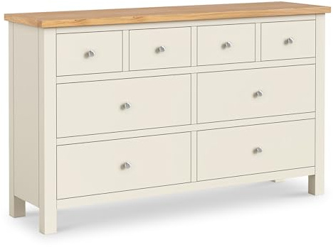 Farro XL Cream 8 Drawer Chest of Drawers for Bedroom with Oak Top | Roseland Furniture Large Wide Contemporary Painted Solid Wood Storage Unit with 5 Draws | Ready Assembled