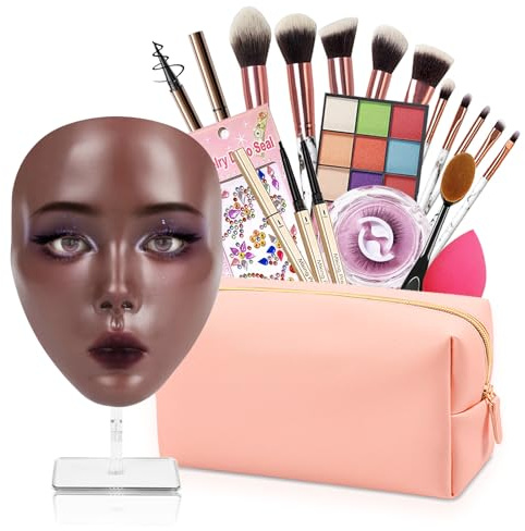 Banugo Makeup skyltdocka ansikte – silikonhuvud med sminkkit, borstar och väska för att öva färdigheter eller gåvor