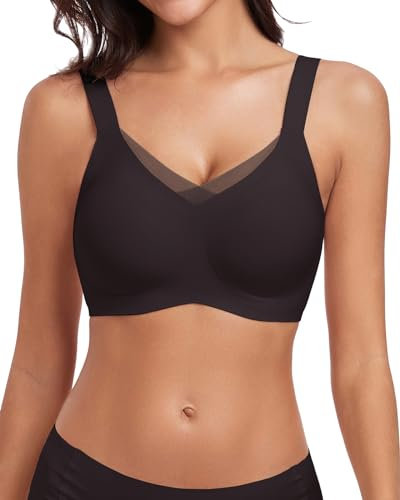 WOWENY Wireless Bras Padded with Support Seamless V Neck Lace Bralette Non Wired Comfy Bustier Everyday Bras for Women[Dark Grey,