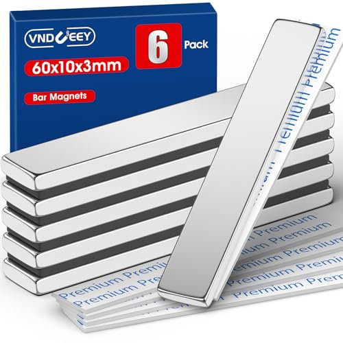 VNDUEEY Bar Magnets, Extra Strong Neodymium Magnets, Self Adhesive Magnet Bars for DIY, Crafts, Whiteboard, Office Use, Heavy Duty Magnetic Strips for Garage, Workshop, Cabinet (Pack of 6, 60x10x3mm)