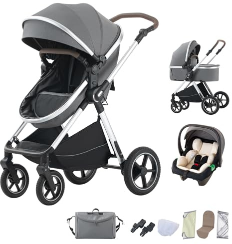 BEBBY passeggino trio, combinazione passeggino 3 in 1 cittadino con passeggino portatile con neonato pieghevole di lusso con modello ad alta vista (D2-DEEPGREY, H2-D)