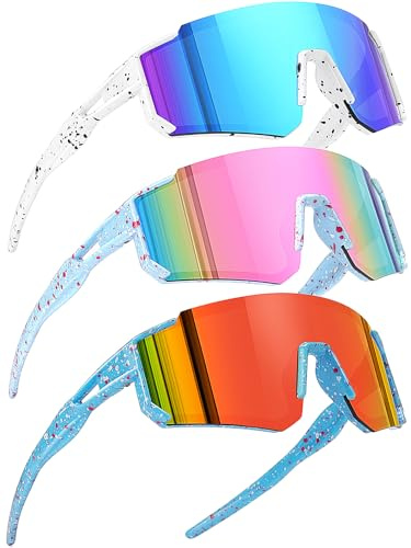 SEKKAF ungdom baseboll solglasögon barn sport solglasögon för pojkar flickor softball cykelglasögon UV400-skydd, 3-pack-vit/blå+blå/rosa+blå/röd, 63mm