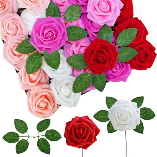 Winlyn 50 Pcs Real Touch Artificial Rose with Stems & Silk Leaves Bulk- Red Blush Pink White Foam Rose Flower Arrangement for Wedding Bouquets Backdrop Centerpieces Valentine's Day Bridal Shower Décor