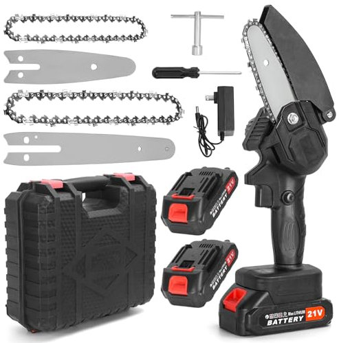 Mini motosega elettrica senza fili da 6 pollici con blocco di sicurezza e 2 batterie, portatile per potare alberi tagliare legno, sega da potatura alimentata a batteria da giardino, verde