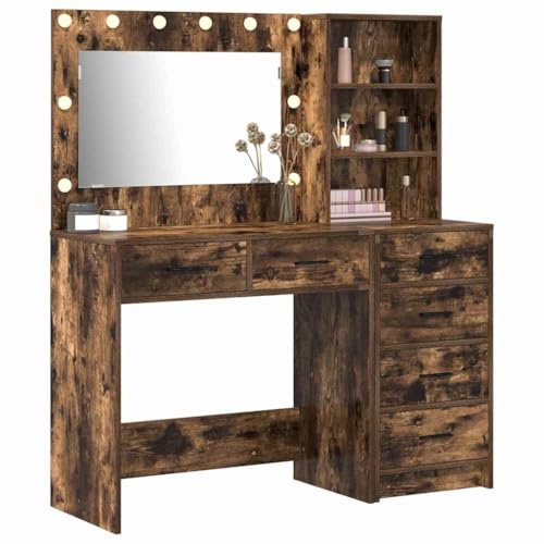 vidaXL Rökt Ek Sminkbord Med Rund Spegel Och LED Belysning Stiligt Dressing Två Lådor För Makeup Grooming Samtida Solid Trä Konstruktions Sovrums Viktiga Möbler Hemdekoration