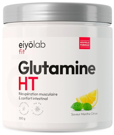 Glutamine HT | Poudre 100% Pure de L-Glutamine | 300 g | Récupération Musculaire et Santé Intestinale | 30 Portions de 10g | Acide Aminé Vegan et Sans Excipients | Goût Menthe Citron | Eiyolab