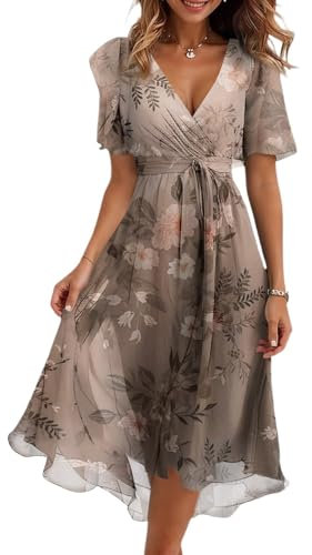 Occasion Dresses for Women UK, Women's Floral Print Chiffon A-Line Midi Dress Short Sleeve V Neck Tie Waist Casual Flowy Evening Dresses for Special Occasions Gifts for Mum,Light Brown,L,u777k