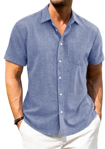 J.VER Mens Linen Shirts Short Sleeve Blue Summer Smart Casual Beach Holiday Cotton Button Down Shirt XL