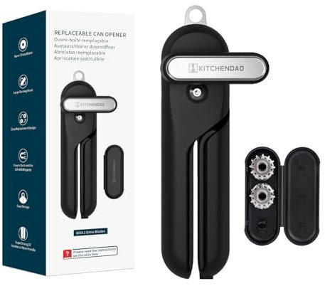 KITCHENDAO Dosenöffner Manuell mit 2 extra Klingen, superscharfer manueller Dosenöffner mit Magnet, glatter Kantenschnitt, großer Drehknopf für Senioren & Arthritis, Schwarz