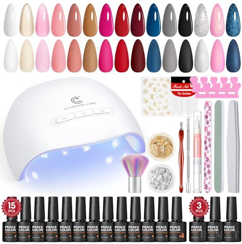 PEACECOLOR Kit Uñas Semipermanentes 31PCS ,15 Colores Esmaltes Semipermanentes para Uñas con Lampara UV Kit Manicura Semipermanente con Mate Top Base Coat Set