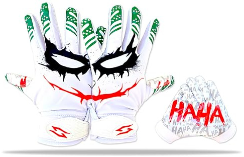 Scale Wear Design Joker Jester Football Receiver Gloves - Pro Grip Sticky Palms Elite Football Gloves Youth Adult Men Kids Boys Small Medium Large XL XXL Tacky White Jester (Youth - XS)