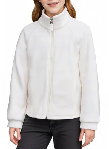 Haloumoning Chaqueta para niña con cuello alto, chaqueta de forro polar para niños, ligera, Sherpa, abrigo de peluche, monocolor, informal, cálido, chaqueta de invierno con cremallera, Blanco, 13-14