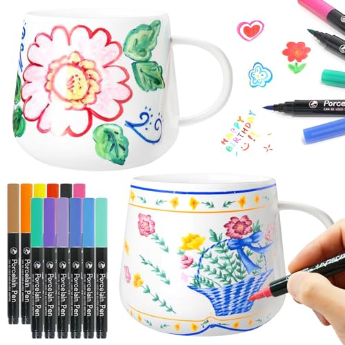 Keramik Bemalen Set, 2 Stück Tassen Bemalen Set mit 12 Aquarellstift, Tassen zum Bemalen, Tasse zum Bemalen, DIY Keramik Malset für Zuhause, Bastelset Erwachsene