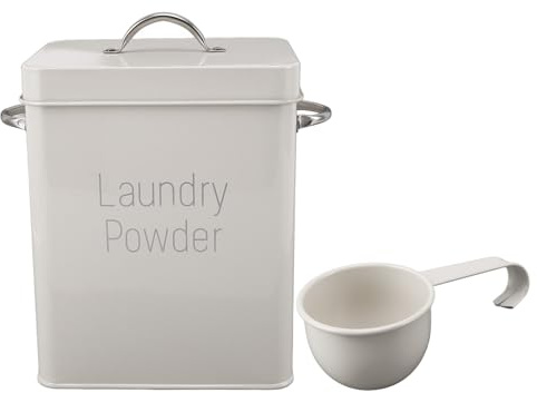 Contenedor de metal para lavandería con tapa redonda, dispensador de polvo de metal de granja, contenedor de detergente para detergente en polvo, arroz, comida para perros (blanco como la leche)