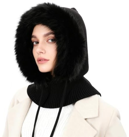 AYPOW Mujer Invierno Gorro de Punto y Bufanda con Capucha, 2 en 1 Térmicos Prueba de Viento Ajustable Felpa Pasamontañas, Moda Pullover Calentador de Cuello para Deportes al Aire Libre Diario Correr