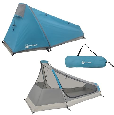 Single Person Tent - 1 Person Camping Tent with Rainfly and Carrying Bag - Lightweight Outdoor Bivy Bag Shelter for Backpacking, Hiking, or Camping Essentials by Wakeman Outdoors (Blue)