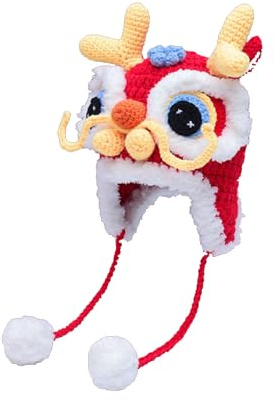 Chinese New Year Lion Dance Hat – Handmade Knitted Festive Beanie, Cute Traditional Chinese Style Winter Cap for New Year Celebration & Photo Props