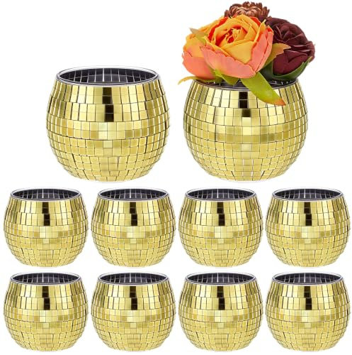 DELORIGIN 10pcs Disco Ball Vase Bulk Glass Disco Ball Planter Candle Holder Vase Bulk Mirror Balls Flower Vases for Wedding Centerpieces Birthday Office Bedroom Table Decor (Gold)
