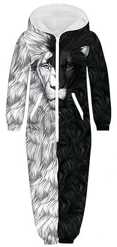 Ocean Plus Unisexe Enfant Grenouillère Garçon Combinaison à Manches Longues avec Fermeture éclair et Capuche en Polaire Impression Numérique (XL (Hauteur: 155-160 cm), Lion Noir et Blanc)