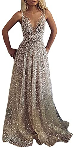 Minetom Femme Élégante Col V Robe à Paillettes sans Manches Longue Maxi Robe de Soirée Mariage Cocktail Demoiselle d'honneur B Argenté XS