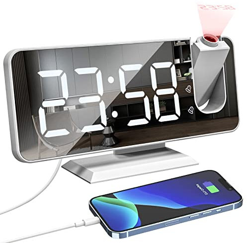 Xakay Projection Alarm Clock for Bedroom Ceiling Digital Alarm Clock with USB Charger Ports, 7.3' Large LED Screen, Dual Alarms, Snooze, 4 Dimmer, Projector Clock (White)
