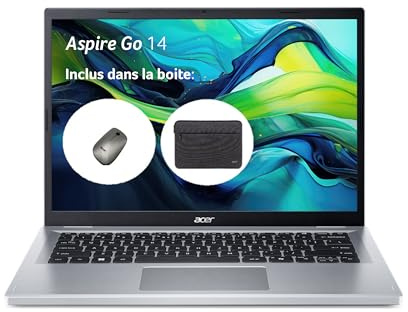 Acer Pack: Aspire Go 14 AG14-31P-33YH, Ordinateur Portable 14'' WUXGA IPS, PC Portable (Intel Core i3-N305, RAM 8 Go, SSD 512 Go, Windows 11), Clavier AZERTY + Housse Ordinateur + Souris Sans Fil