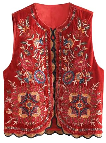 SANSIWU Damen-Weste, Vintage-Stickerei, Blumenweste, ärmellos, Pailletten, Oberbekleidung, Cardigan, Weste, Leinen, Streetwear, C-rot, 42