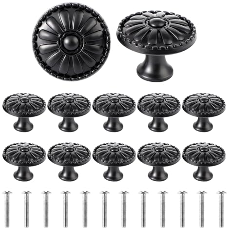 Hariendny Schrankknöpfe, 12 Stück Schwarz Möbelknöpfe Mit Schrauben, 30 mm Vintage Möbelknöpfe, Schrank Knöpfe, Blumenmuster Runde Schubladenknöpfe für Schubladen, Schränke, Schuhschränke