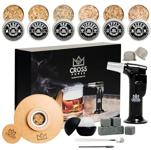 Whiskey Smoker Kit - Premium Cocktail Smoker Kit with Torch, 6 Flavors of Wood Chips, Whiskey Stones, Filters, Durable Old Fashion Smoker Kit, Ideal for Whiskey Lovers (No Butane)