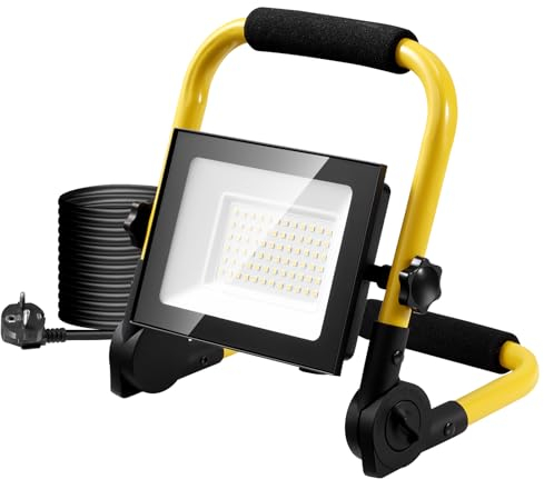 Foco de Trabajo LED 50W,5000LM 3000K Blanco Cálido Luz de Trabajo,Foco LED Portátil con Enchufe & Cable de 3M,IP65 Impermeable Luz de Construcción para Taller Obra Garaje Campin