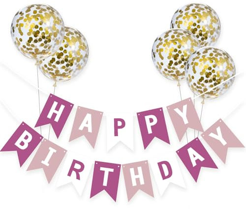 Meowoo Banner Happy Birthday Girlande mit 5 Goldenen Latexballons, Geburtstag Deko Zubehör Party Dekoration Banner und Ballon Set Geeignet für alle Altersgruppen (Dunkel- und Hellrosa)