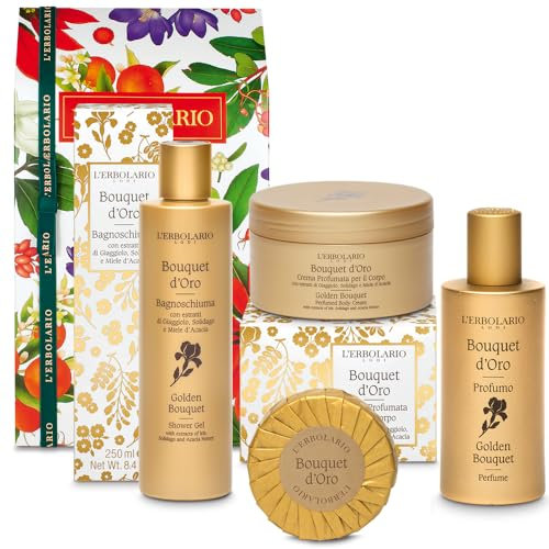 Erbolario - Bouquet d' Oro - Confezione regalo in scatola originale (1 bagnoschiuma da 250 ml,1 crema corpo da 250 ml,1 profumo da 50 ml, 1 sapone da 100 gr)