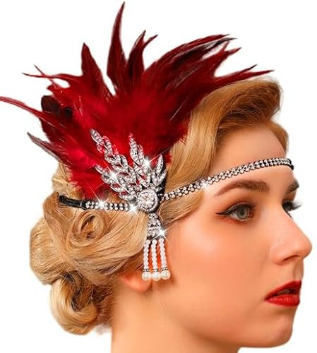 Fashband Feder-Strass-Stirnband, 1920er Jahre, Kristall-Quaste, Stirnband, Flapper-Kopfschmuck, Kostüm, Haarschmuck für Damen (R, Einheitsgröße)