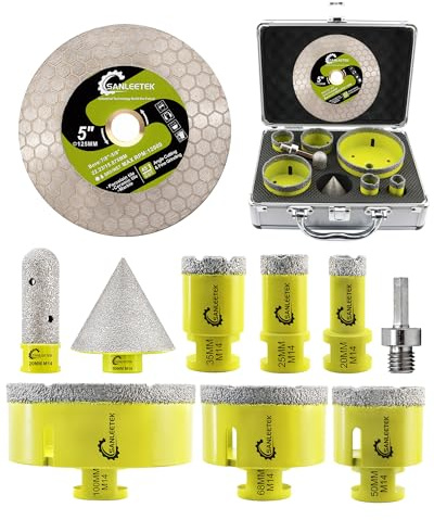SANLEETEK Broca Diamante Porcelanico - Coronas para Porcelanico 10piezas (20/25/35/50/68/100mm+20mm Fresa Diamante+50mm Broca Chaflán+125mm Disco+Adapter) para Porcelanico Cerámica Mármol Granito