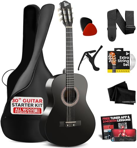 Pyle Beginner Acoustic Guitar, Junior Size 76 cm, All Wood Build Nylon String with Capo Strap, Extra String Set, and Gig Bag Acoustic, For Kids Adults Youth Classical Kit Black Gloss