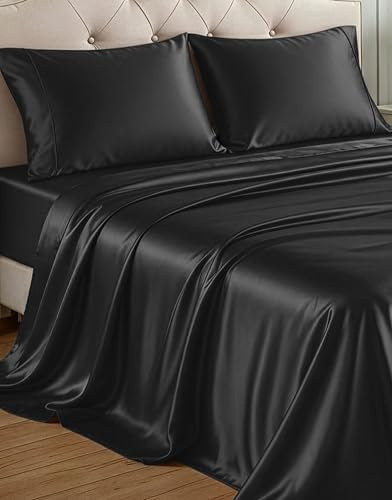 Casa Platino Queen Satin Sheets - Lightweight & Cooling Satin Bed Sheets Queen, with a 15 Inch Deep Pocket Fitted Sheet, Frizz Reducing Fabric, Machine Washable, Retains Shine After Wash - Black