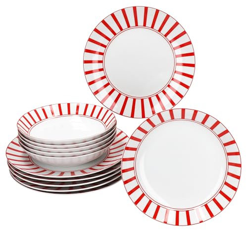 MamboCat Service de table Split rouge 12 pièces - Vaisselle en porcelaine blanche avec rayures pour 6 personnes - 6 assiettes creuses et 6 assiettes plates pour petit-déjeuner, déjeuner et dîner