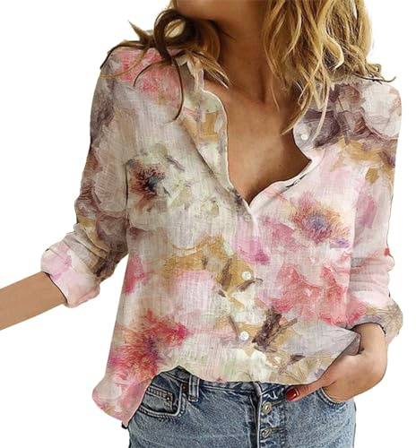 Camicette Donna Curvy Camicie Lino Leggera Camicia Manica Lunga Boho Maglietta Casual Floreale Camice Elegante Fantasia Taglie Forti Tunica Cotone E Lino Vintage Blusa Estiva con Bottoni Scollo a V