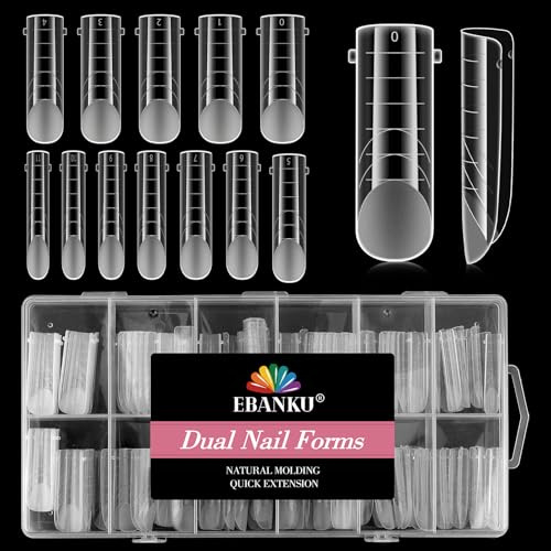 EBANKU 120Pcs Matte Dual Nail Forms, Clear Poly Gel Nail Molds Square Full Cover Coffin Nail Tips Extension Forms 12 Sizes