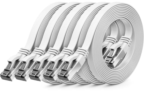 deleyCON 5x 0,5m CAT 8 Nätverkskabel Platt (40 Gbit/s, Koppar) Gigabit Ethernet LAN Cable - Platt Tunt Kabel Plattkabel Patchkabel Kort - RJ45 Kontakt för CAT8 CAT7 CAT6 - Vit | Kort 50 cm Gigabit Ethernet LAN-kabel, koppar, tunn platt kabel patchkabel, RJ45-kontakt för CAT8 CAT7 CAT6