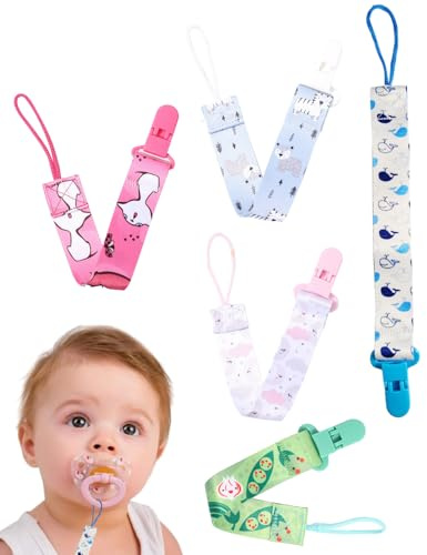 ZEXIJOW Attache Sucette Bébé,Lot de 5 attaches-tétines avec sangles en coton,Pacifier Clip Chain,Garde la Tétine Propre,Douce et Flexible,Durable–Haute Ténacité Pour Bébés Garçons et Filles (B)