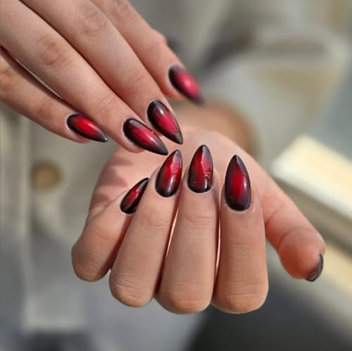 KQueenest Blush Red Black Press on Nails Medium Almond, French Tip False Nails Stiletto, Gradient Dark Red Fake Nails Press ons, Perfectly Fit, Reusable Gel Stick on Nail for Women 24 Pcs