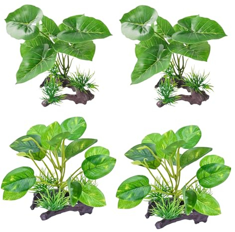 Lot de 4 grandes plantes artificielles en plastique - Décoration pour aquarium - Feuilles vertes - Décoration pour la maison, le bureau, les aquariums et les bassins de reptiles (16 x 13,5 x 12 cm)