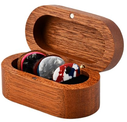 Yonderfume Guitar Pick Holder with 2 Wooden and 6 Celluloid Picks, Mini Wooden Guitar Pick Box Exquisite Guitars Accessories Present for GuitarPlayers Musicians