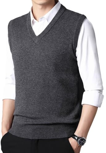 HNVAVQ 100% Cashmere Mens V-Neck Knitted Sweater Vest Solid Sleeveless Pullover Knitwear Jumper Business Vest Dark Grey